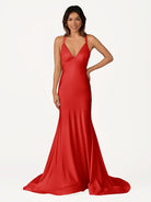 Quaylee | Yellow Mermaid V - Neck Satin Prom Dresses With Tail Evening Dress - KissProm