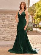 Quaylee | Yellow Mermaid V - Neck Satin Prom Dresses With Tail Evening Dress - KissProm