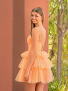Queena | A Line Tulle Orange Keyhole Halter Short Homecoming Dress with Ruffles - KissProm