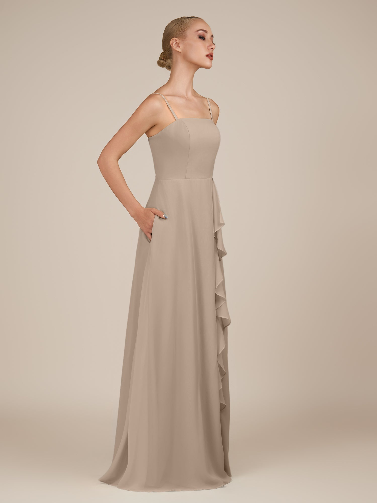 KissDress-Queniva Almond Sheath Chiffon Spaghetti Straps Ruffles Long Bridesmaid Dress with Slit