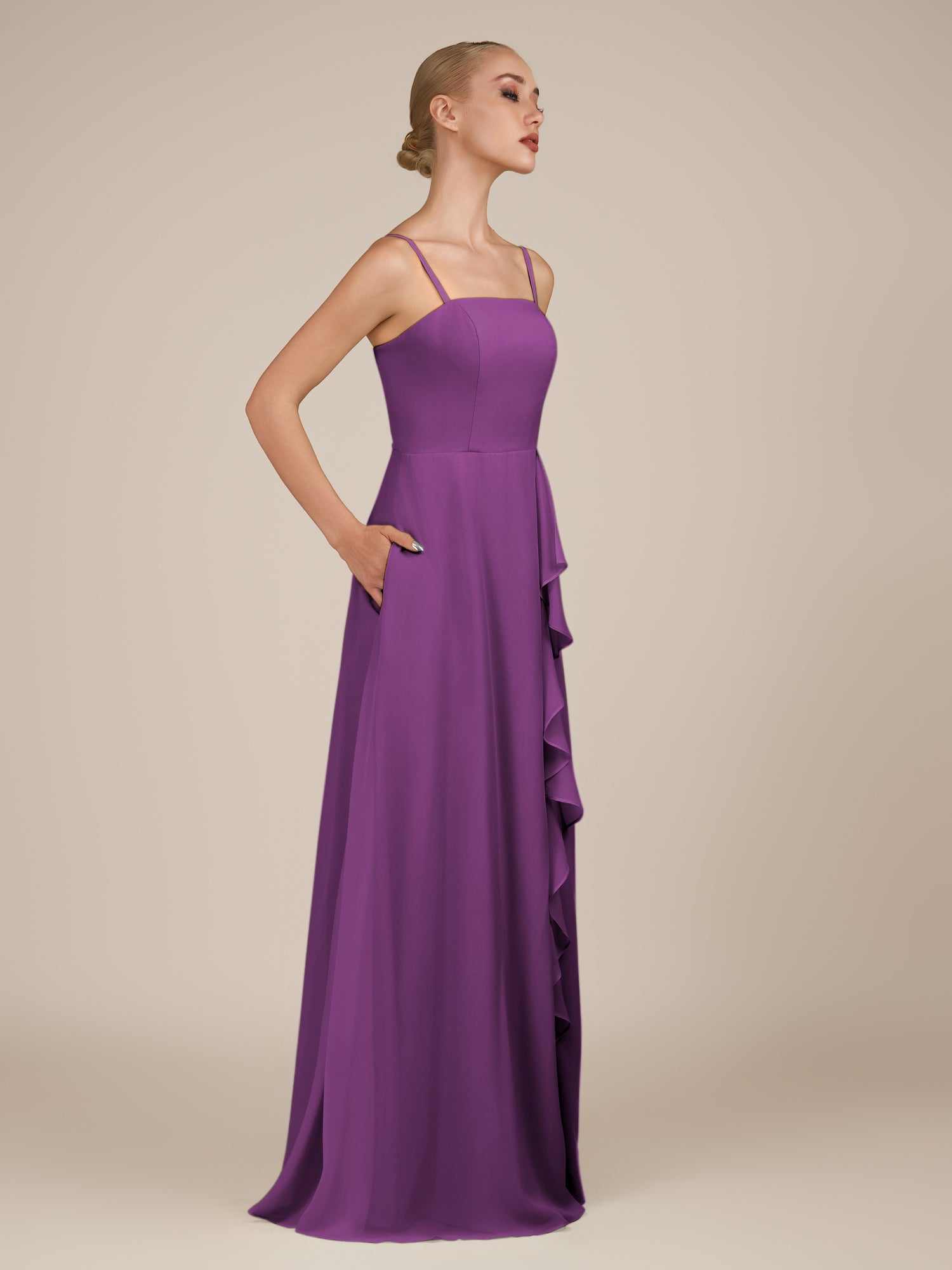 KissDress-Queniva Amethyst Sheath Chiffon Spaghetti Straps Ruffles Long Bridesmaid Dress with Slit