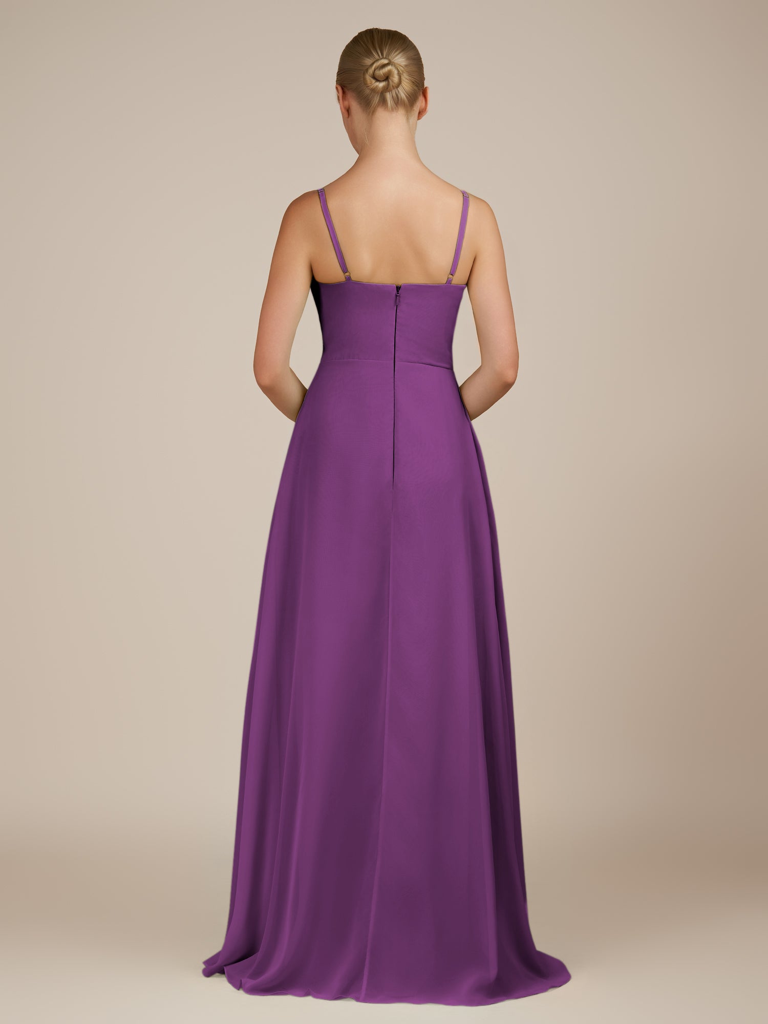 KissDress-Queniva Amethyst Sheath Chiffon Spaghetti Straps Ruffles Long Bridesmaid Dress with Slit