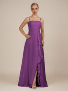 KissDress-Queniva Amethyst Sheath Chiffon Spaghetti Straps Ruffles Long Bridesmaid Dress with Slit