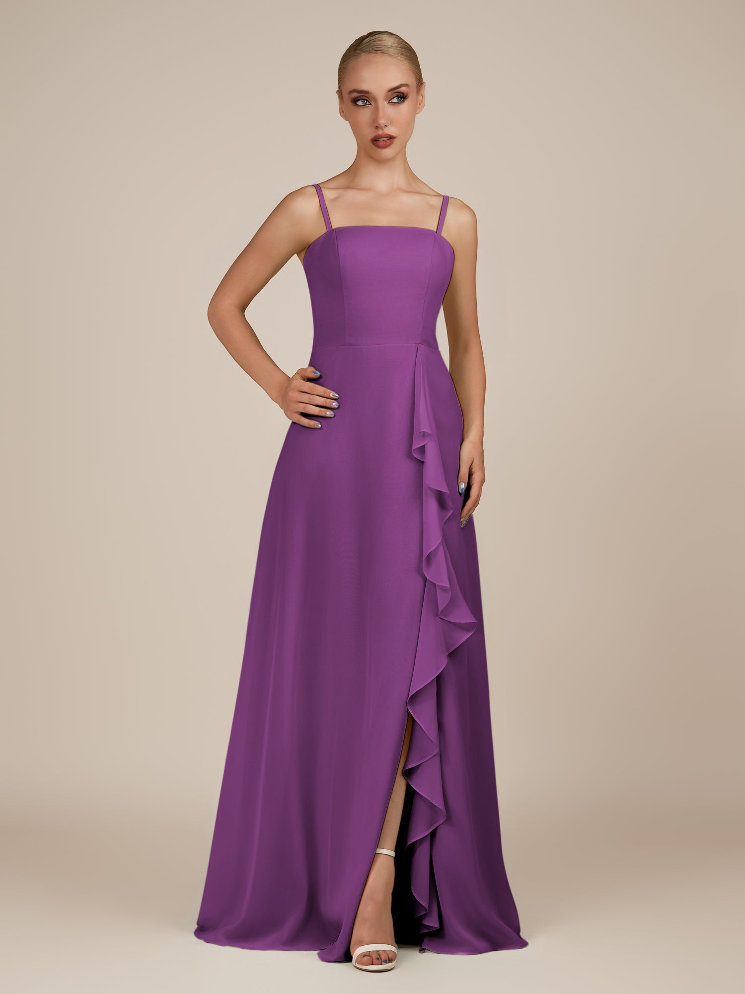 KissDress-Queniva Amethyst Sheath Chiffon Spaghetti Straps Ruffles Long Bridesmaid Dress with Slit