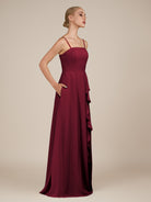 KissDress-Queniva Berry Sheath Chiffon Spaghetti Straps Ruffles Long Bridesmaid Dress with Slit