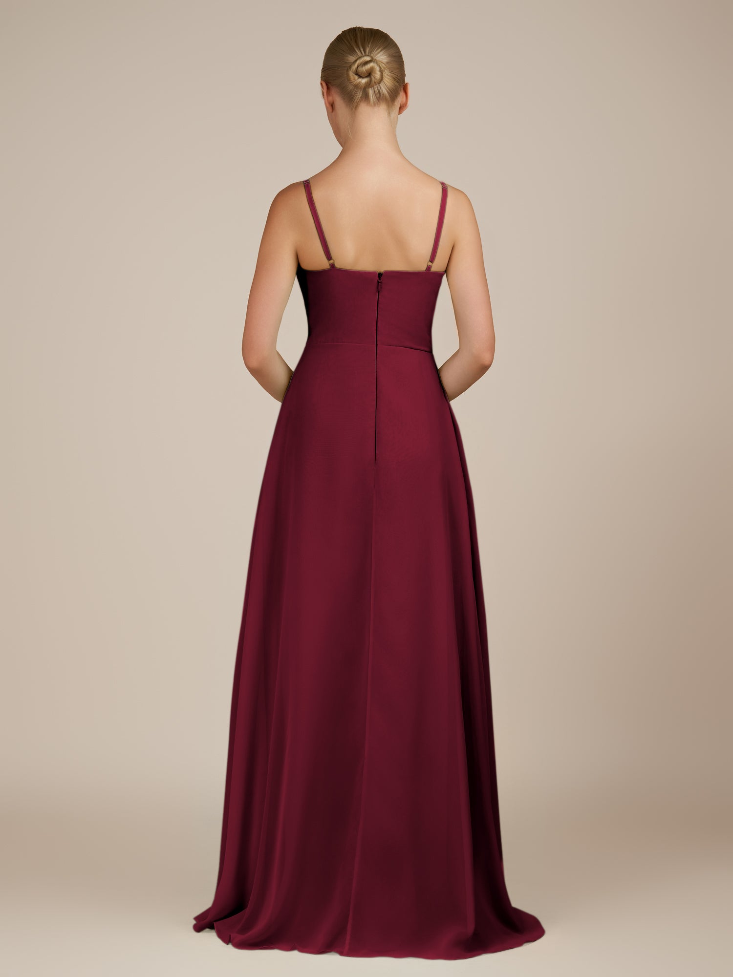KissDress-Queniva Berry Sheath Chiffon Spaghetti Straps Ruffles Long Bridesmaid Dress with Slit