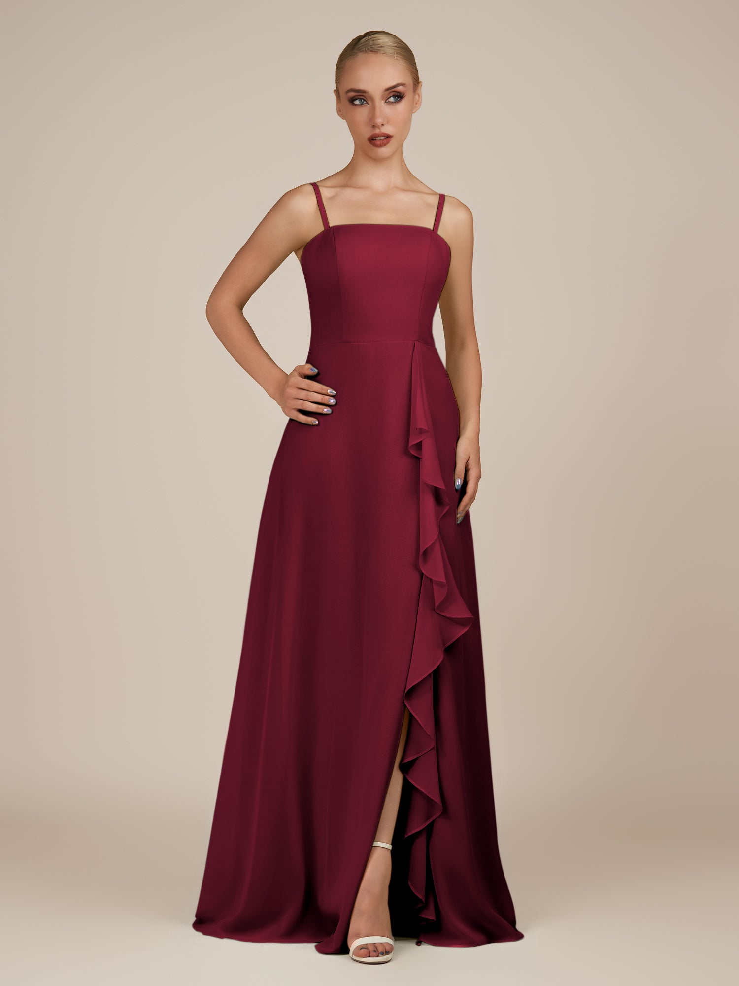 KissDress-Queniva Berry Sheath Chiffon Spaghetti Straps Ruffles Long Bridesmaid Dress with Slit