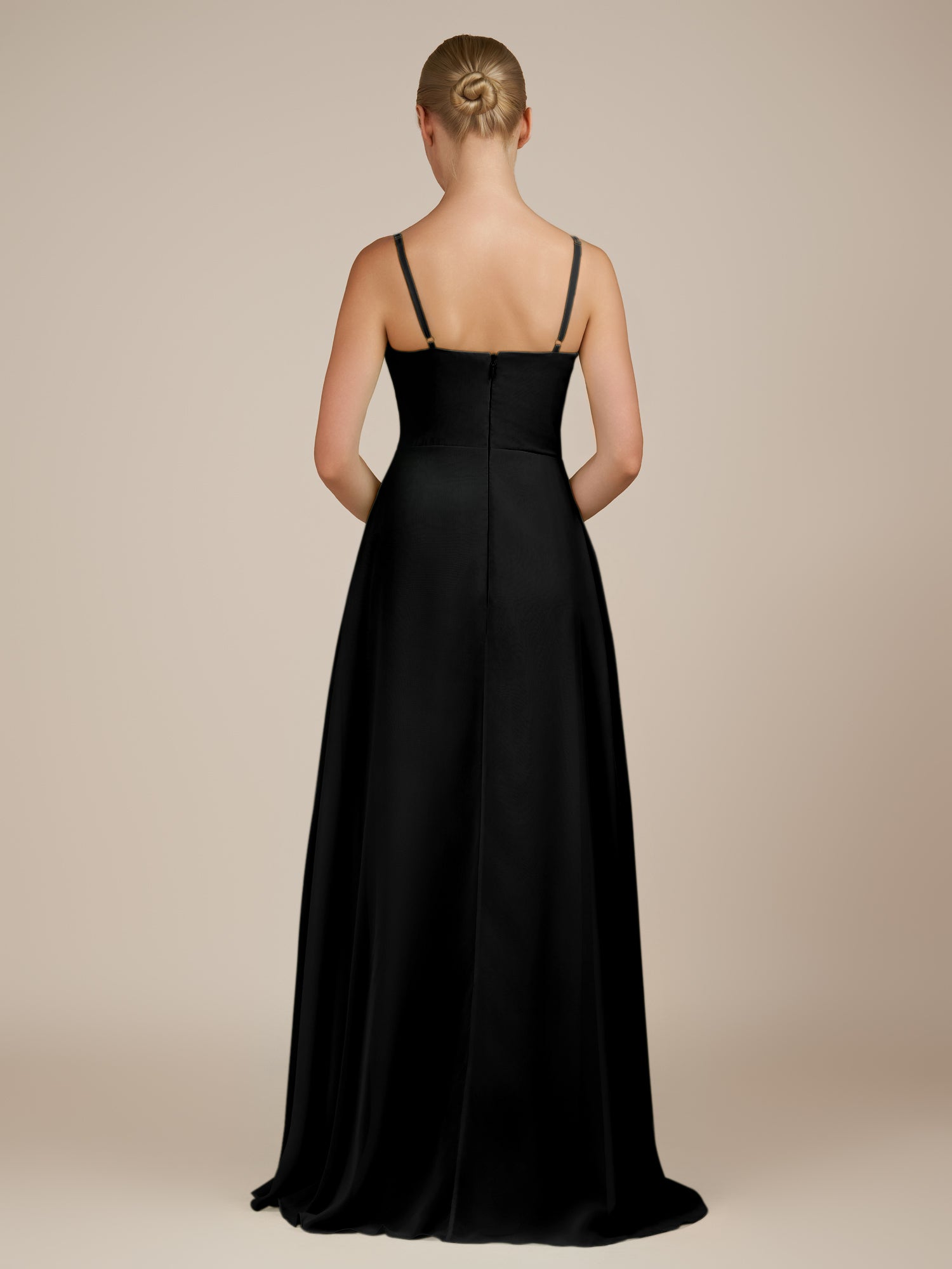 KissDress-Queniva Black Sheath Chiffon Spaghetti Straps Ruffles Long Bridesmaid Dress with Slit