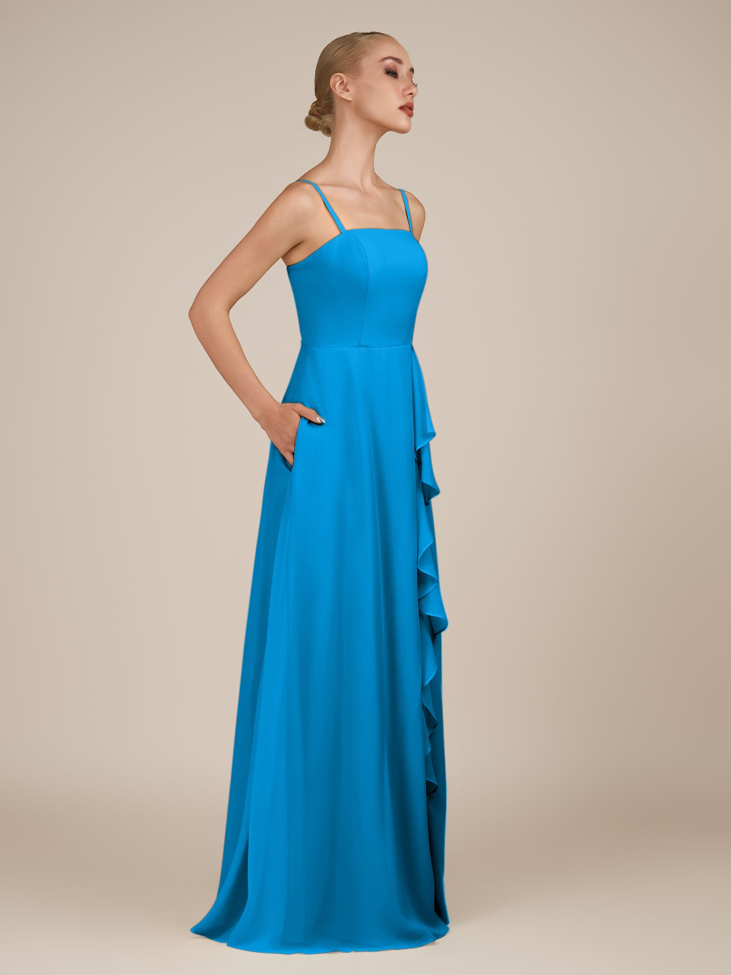 KissDress-Queniva Blue Jay Sheath Chiffon Spaghetti Straps Ruffles Long Bridesmaid Dress with Slit