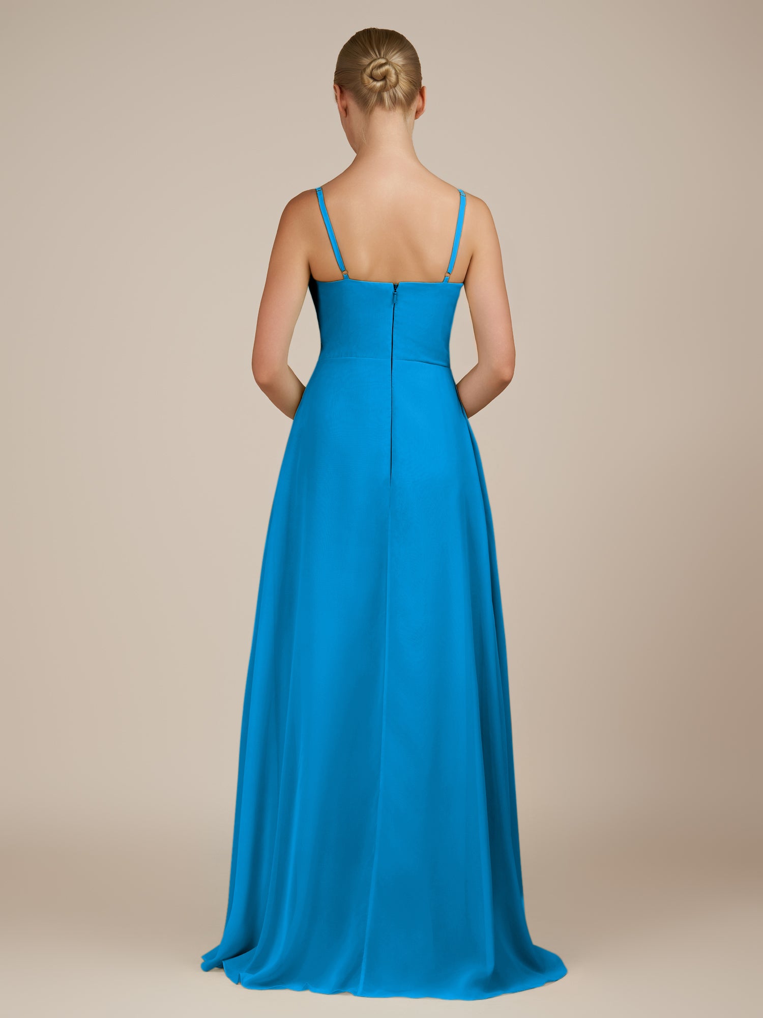 KissDress-Queniva Blue Jay Sheath Chiffon Spaghetti Straps Ruffles Long Bridesmaid Dress with Slit