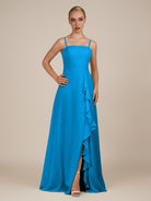 KissDress-Queniva Blue Jay Sheath Chiffon Spaghetti Straps Ruffles Long Bridesmaid Dress with Slit