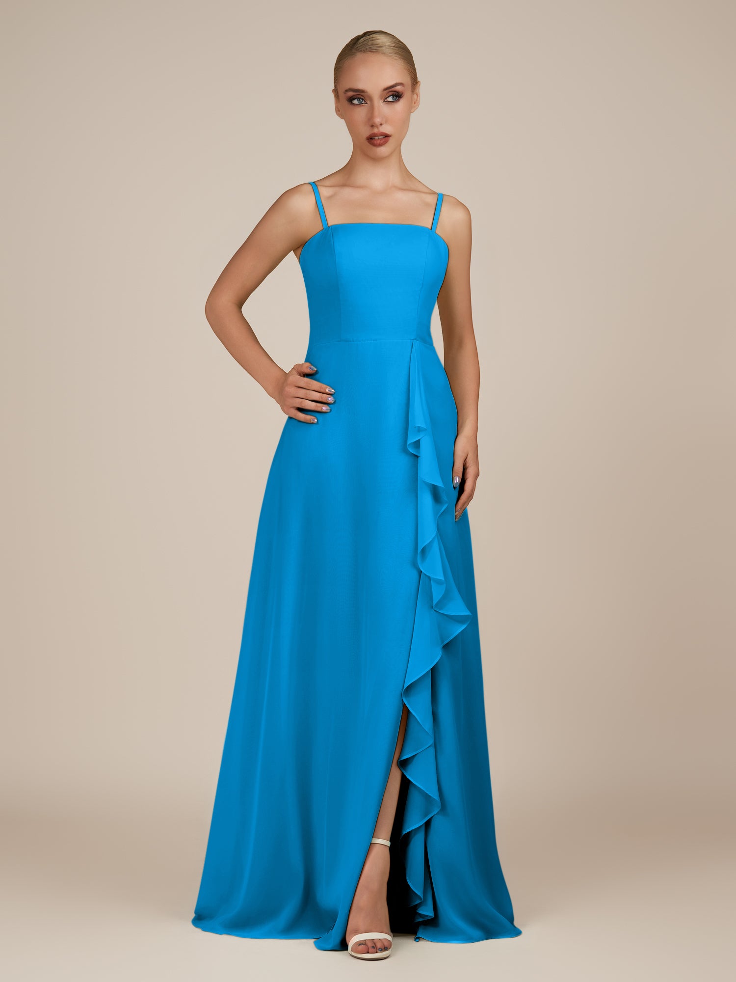 KissDress-Queniva Blue Jay Sheath Chiffon Spaghetti Straps Ruffles Long Bridesmaid Dress with Slit