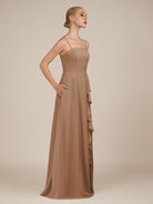 KissDress-Queniva Bronzer Sheath Chiffon Spaghetti Straps Ruffles Long Bridesmaid Dress with Slit
