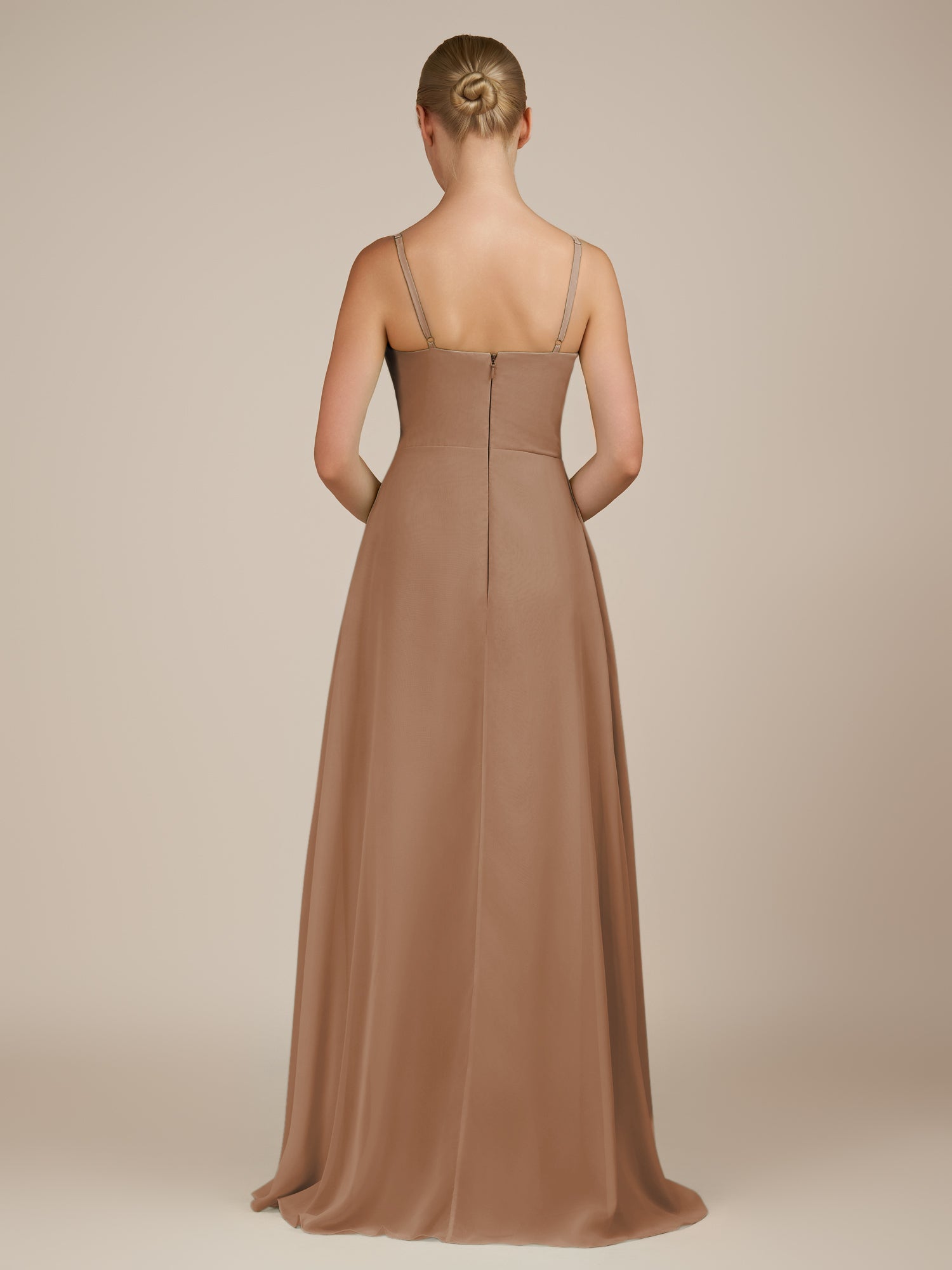 KissDress-Queniva Bronzer Sheath Chiffon Spaghetti Straps Ruffles Long Bridesmaid Dress with Slit
