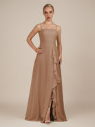 KissDress-Queniva Bronzer Sheath Chiffon Spaghetti Straps Ruffles Long Bridesmaid Dress with Slit