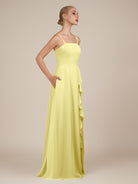 KissDress-Queniva Buttercup Sheath Chiffon Spaghetti Straps Ruffles Long Bridesmaid Dress with Slit