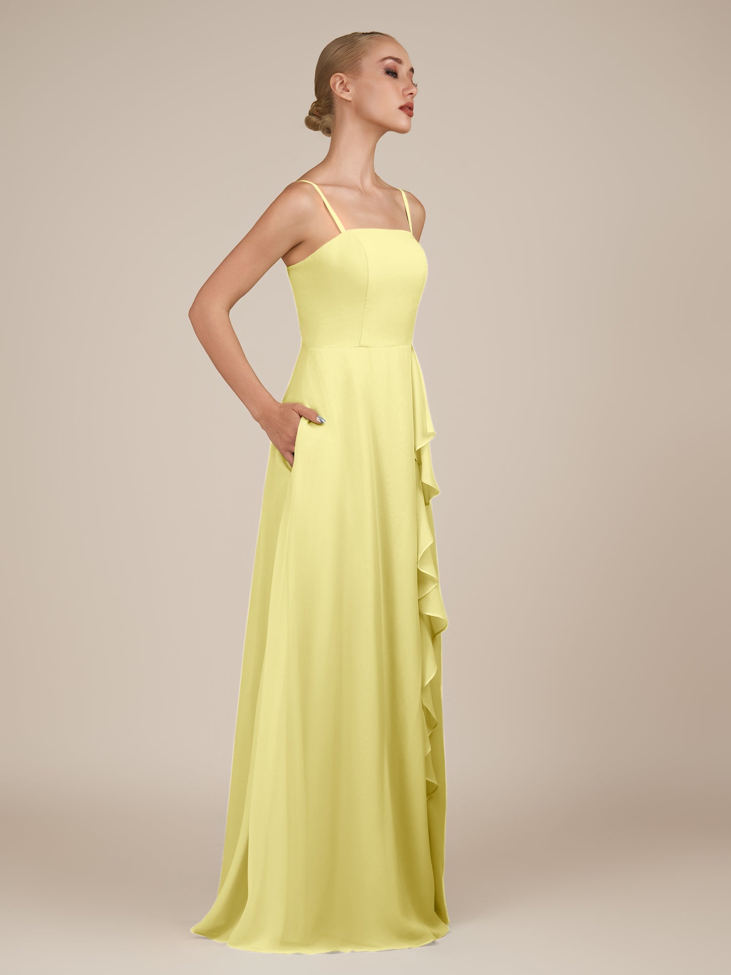 KissDress-Queniva Buttercup Sheath Chiffon Spaghetti Straps Ruffles Long Bridesmaid Dress with Slit