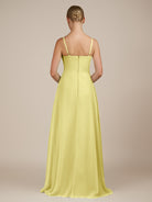 KissDress-Queniva Buttercup Sheath Chiffon Spaghetti Straps Ruffles Long Bridesmaid Dress with Slit