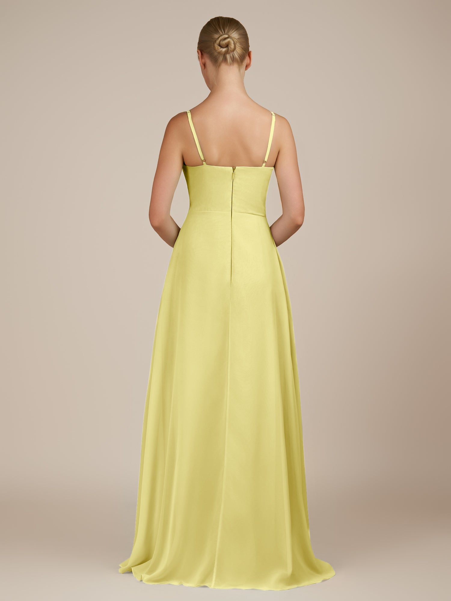 KissDress-Queniva Buttercup Sheath Chiffon Spaghetti Straps Ruffles Long Bridesmaid Dress with Slit