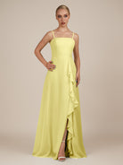 KissDress-Queniva Buttercup Sheath Chiffon Spaghetti Straps Ruffles Long Bridesmaid Dress with Slit