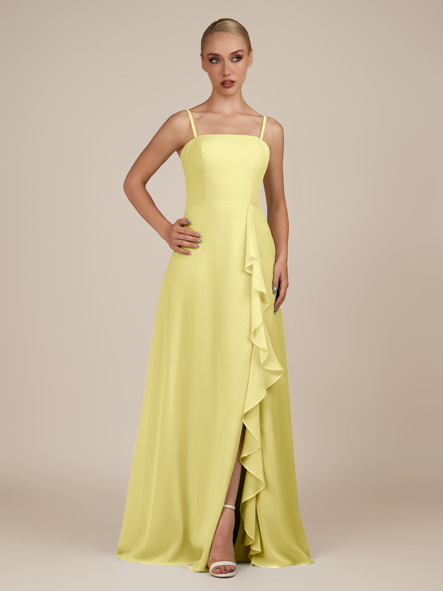 KissDress-Queniva Buttercup Sheath Chiffon Spaghetti Straps Ruffles Long Bridesmaid Dress with Slit