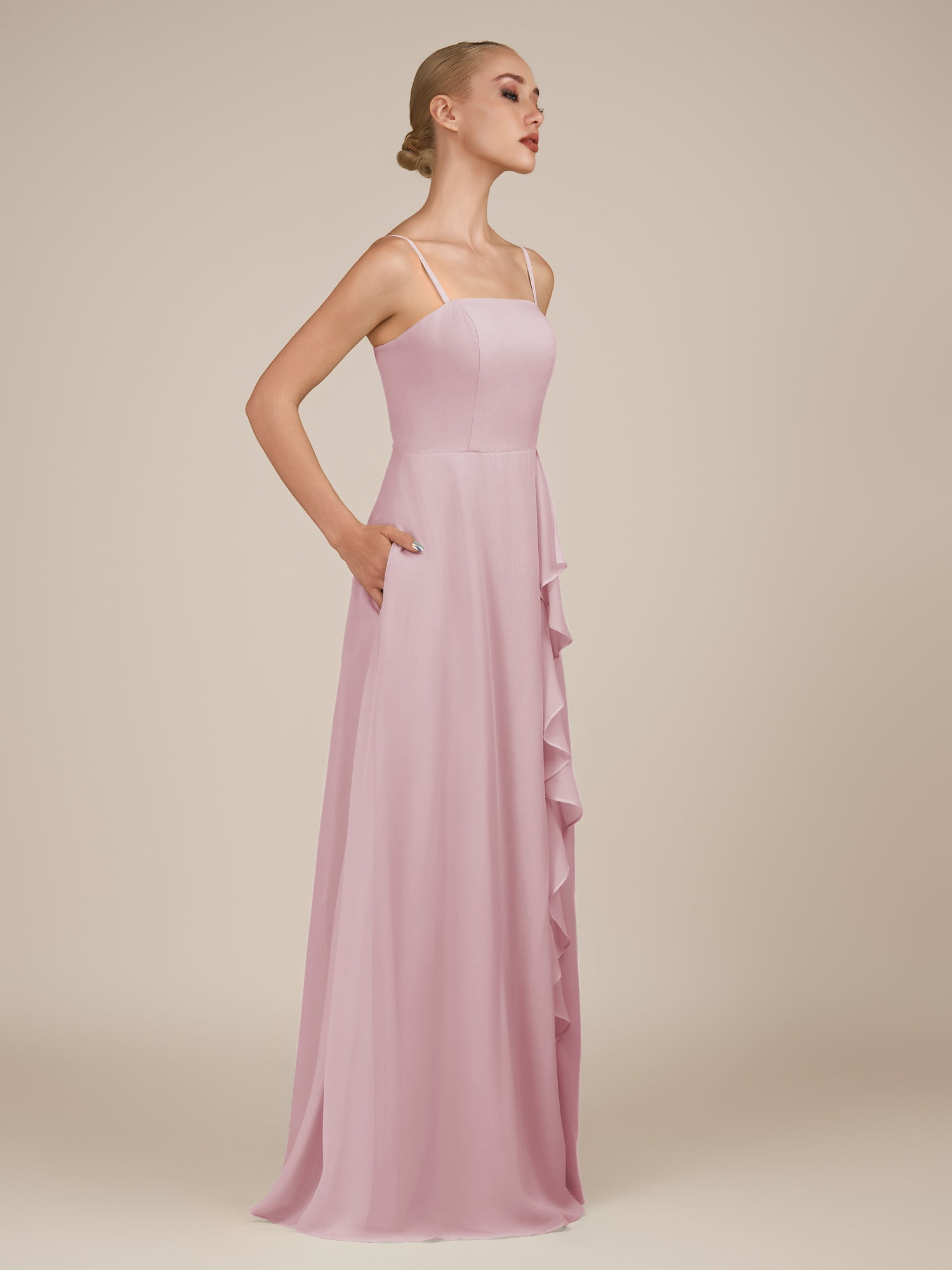 KissDress-Queniva Candy Pink Sheath Chiffon Spaghetti Straps Ruffles Long Bridesmaid Dress with Slit