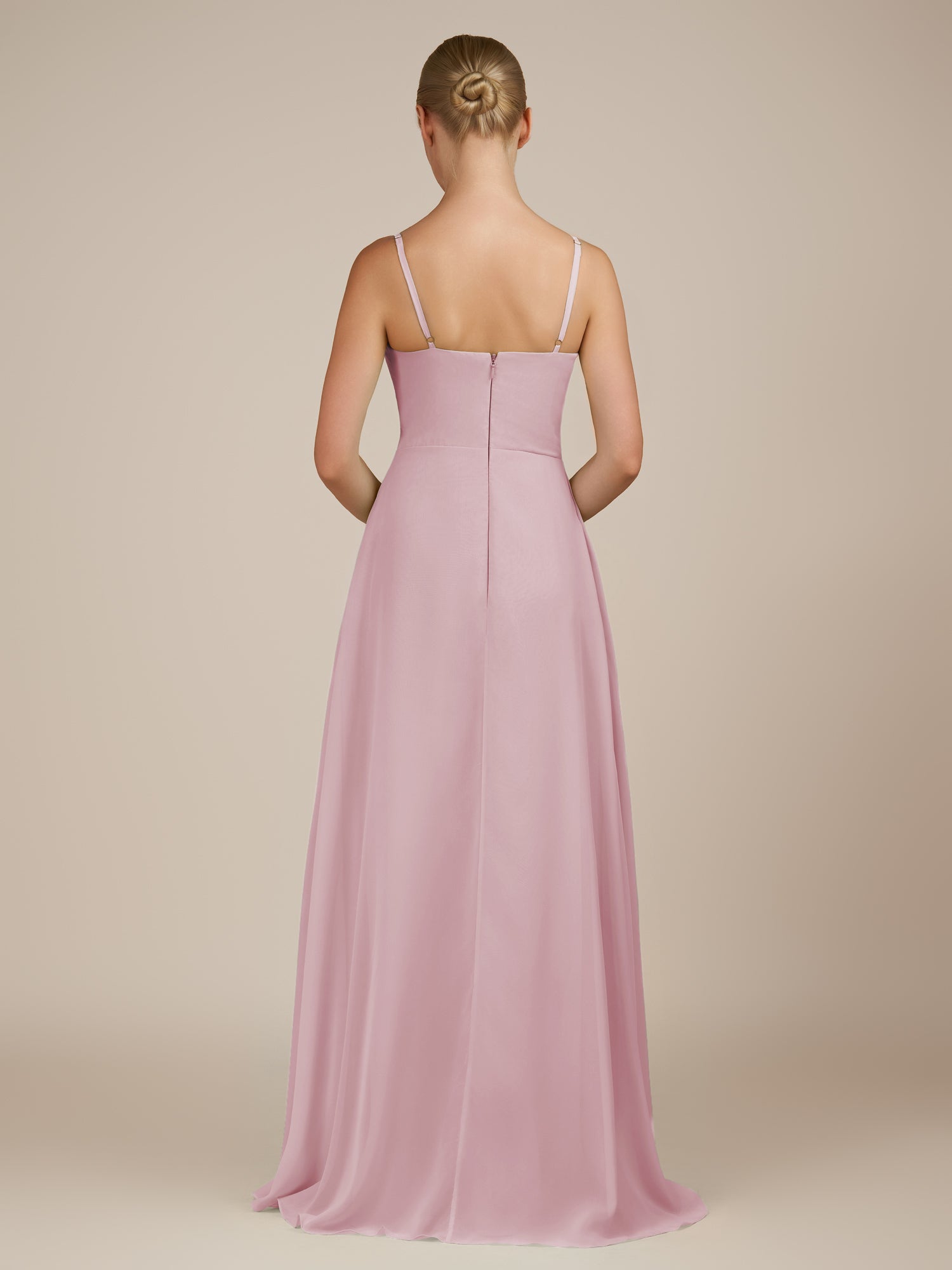 KissDress-Queniva Candy Pink Sheath Chiffon Spaghetti Straps Ruffles Long Bridesmaid Dress with Slit
