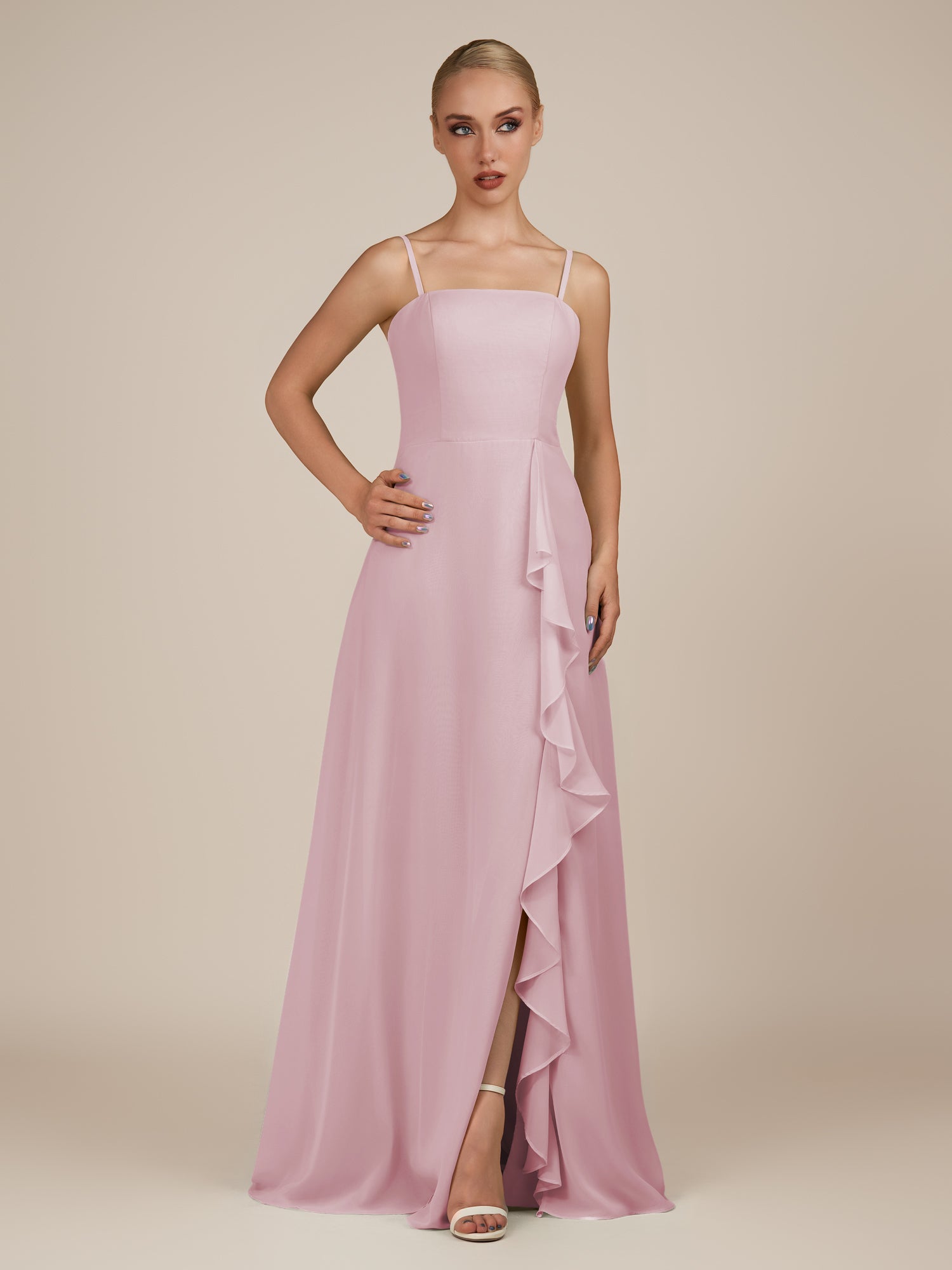 KissDress-Queniva Candy Pink Sheath Chiffon Spaghetti Straps Ruffles Long Bridesmaid Dress with Slit
