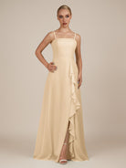 KissDress-Queniva Champagne Sheath Chiffon Spaghetti Straps Ruffles Long Bridesmaid Dress with Slit