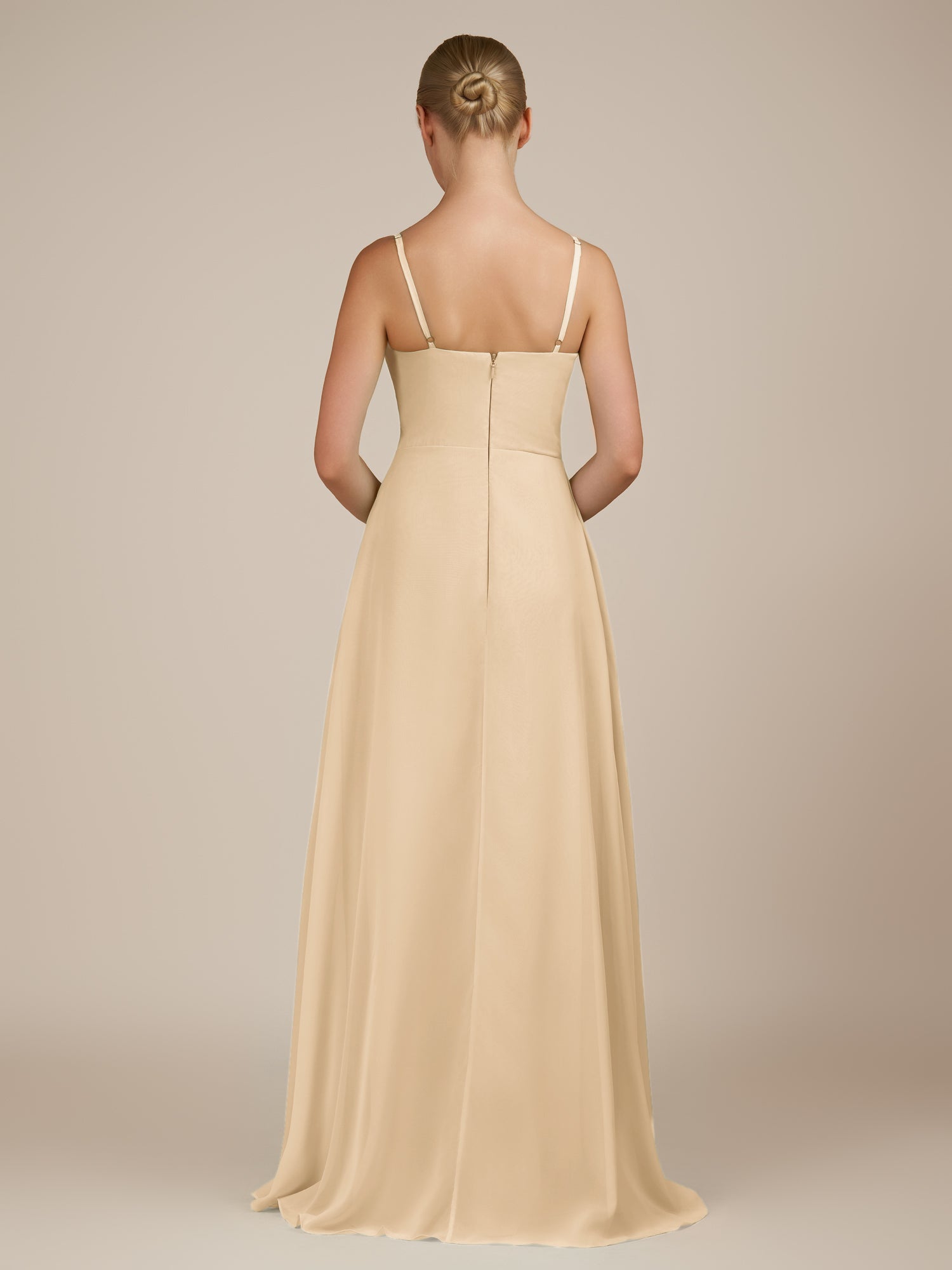 KissDress-Queniva Champagne Sheath Chiffon Spaghetti Straps Ruffles Long Bridesmaid Dress with Slit