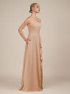 KissDress-Queniva Champagne Rose Sheath Chiffon Spaghetti Straps Ruffles Long Bridesmaid Dress with Slit