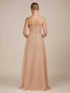 KissDress-Queniva Champagne Rose Sheath Chiffon Spaghetti Straps Ruffles Long Bridesmaid Dress with Slit