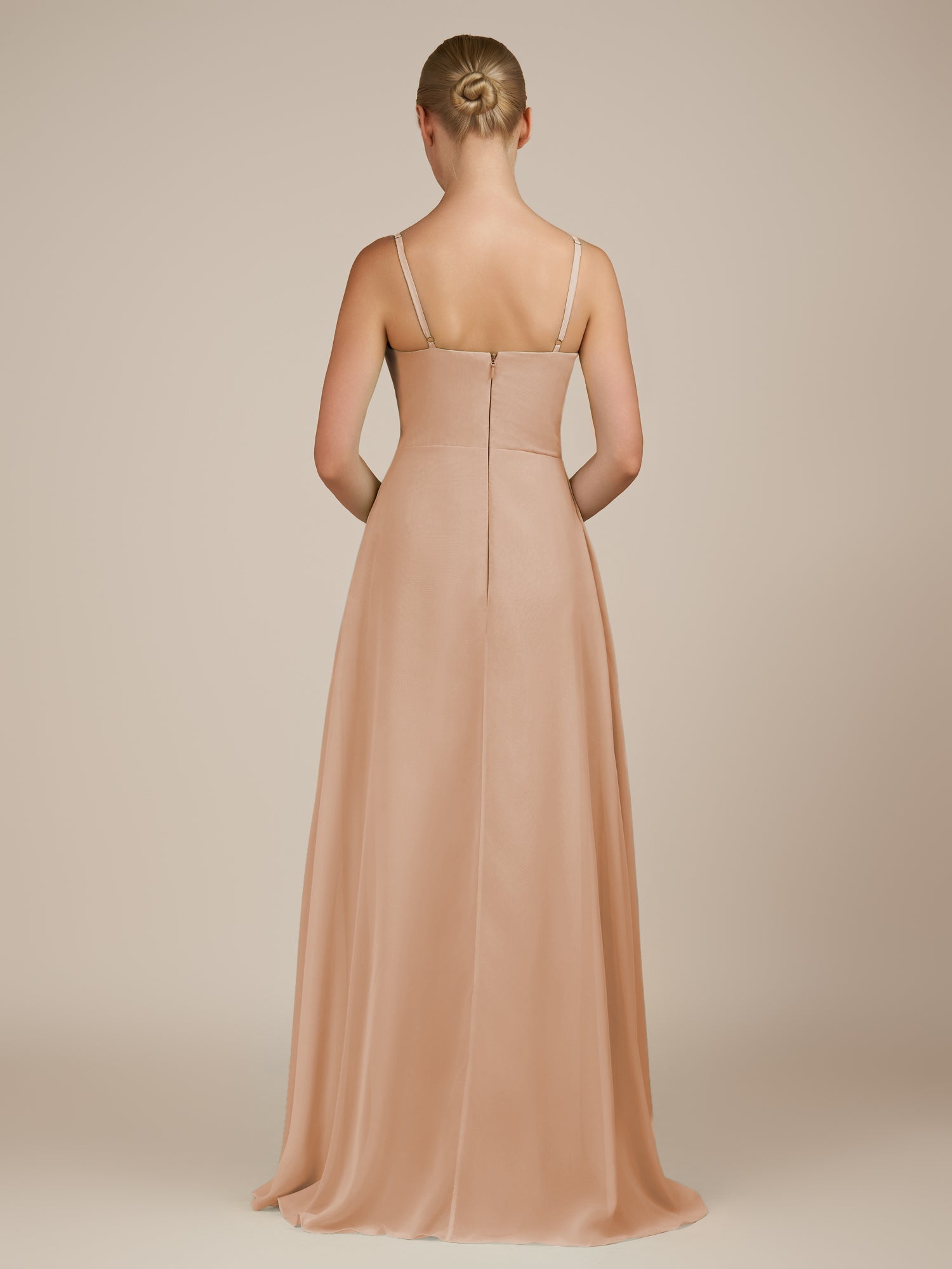 KissDress-Queniva Champagne Rose Sheath Chiffon Spaghetti Straps Ruffles Long Bridesmaid Dress with Slit