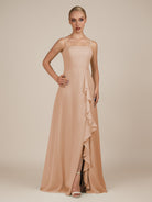 KissDress-Queniva Champagne Rose Sheath Chiffon Spaghetti Straps Ruffles Long Bridesmaid Dress with Slit