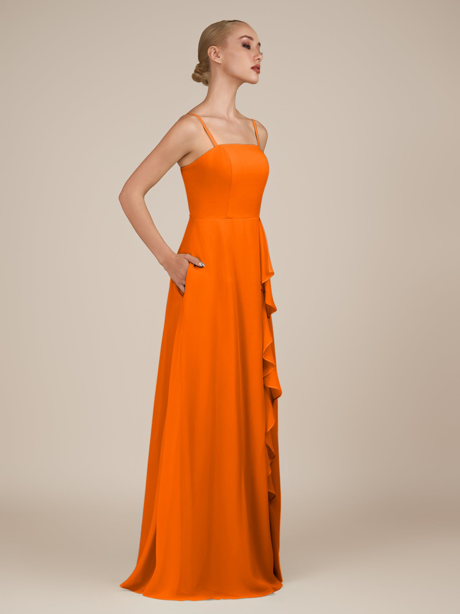 KissDress-Queniva Cinnamon Sheath Chiffon Spaghetti Straps Ruffles Long Bridesmaid Dress with Slit