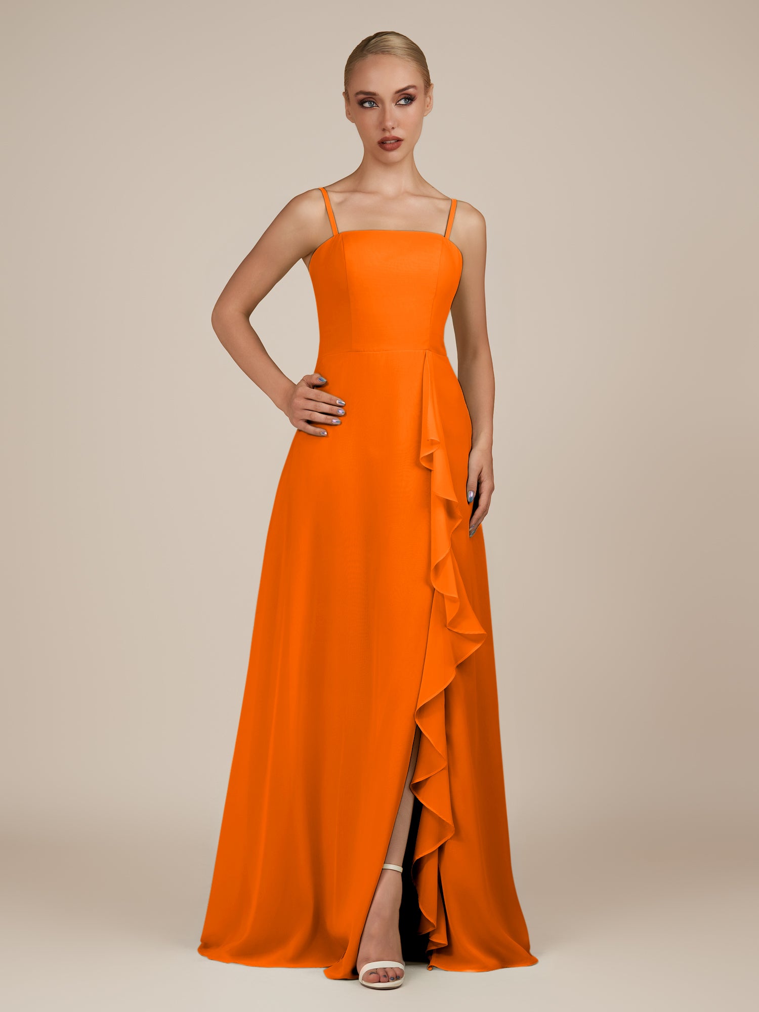 KissDress-Queniva Cinnamon Sheath Chiffon Spaghetti Straps Ruffles Long Bridesmaid Dress with Slit