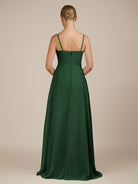 KissDress-Queniva Dark Green Sheath Chiffon Spaghetti Straps Ruffles Long Bridesmaid Dress with Slit