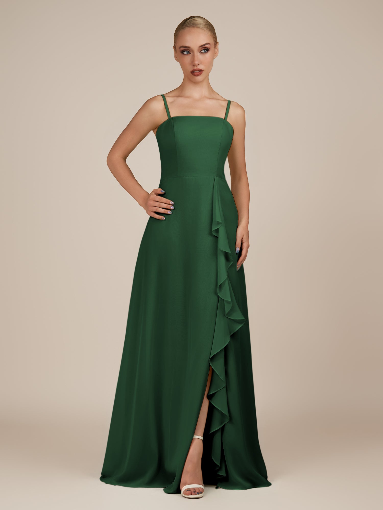 KissDress-Queniva Dark Green Sheath Chiffon Spaghetti Straps Ruffles Long Bridesmaid Dress with Slit