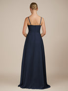 KissDress-Queniva Dark Navy Sheath Chiffon Spaghetti Straps Ruffles Long Bridesmaid Dress with Slit