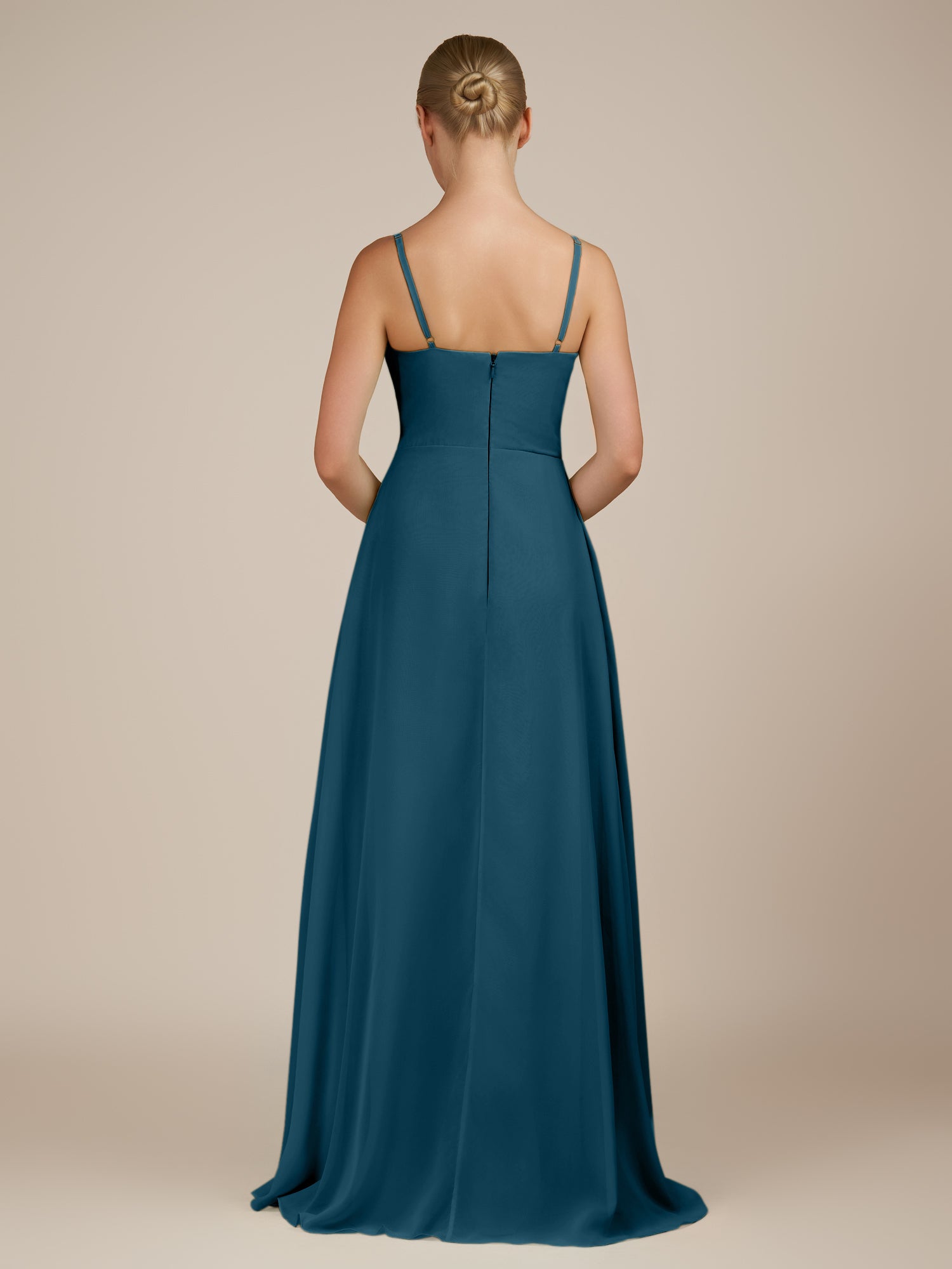 KissDress-Queniva Dark Teal Sheath Chiffon Spaghetti Straps Ruffles Long Bridesmaid Dress with Slit