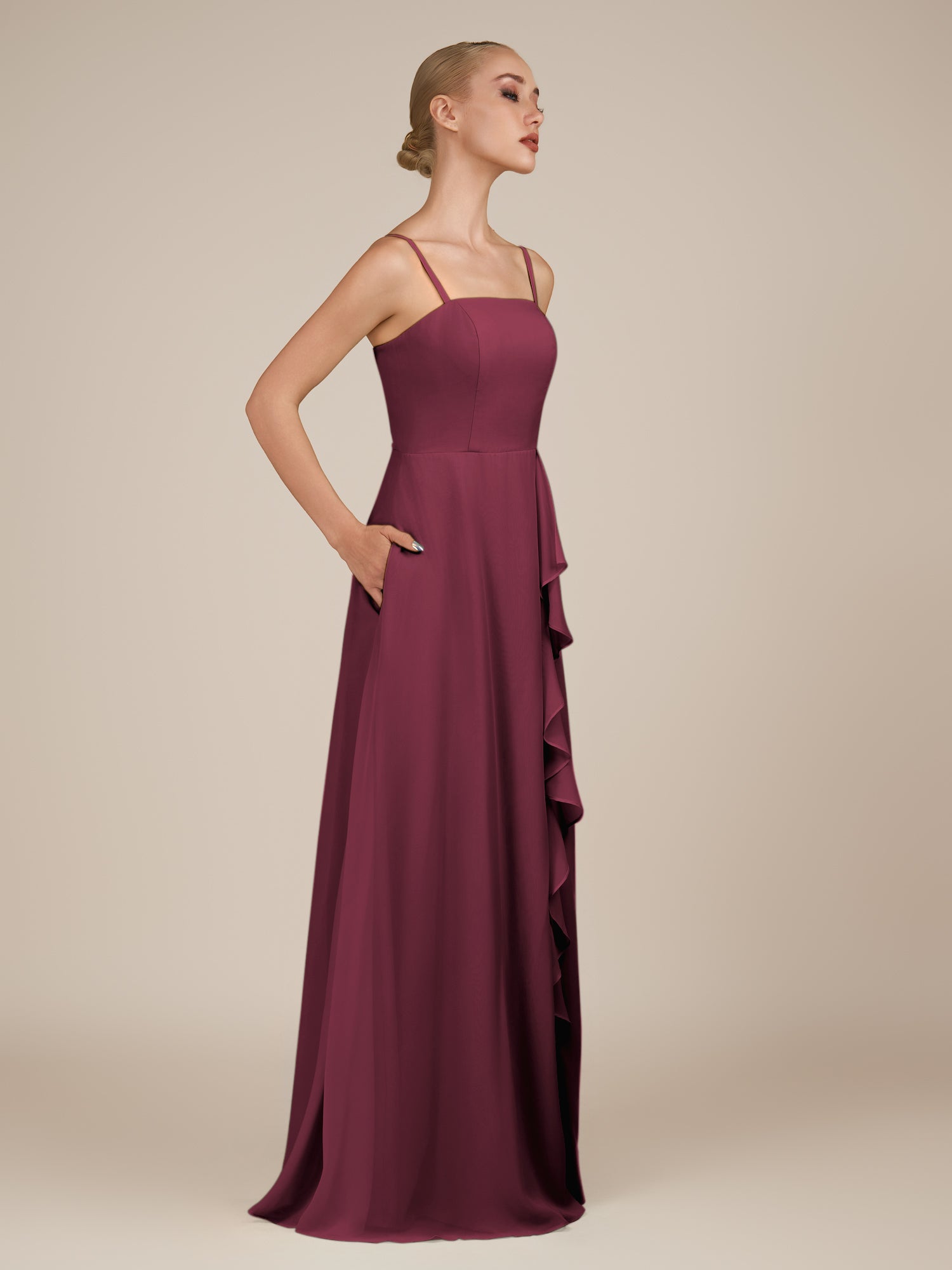 KissDress-Queniva Desert Rose Sheath Chiffon Spaghetti Straps Ruffles Long Bridesmaid Dress with Slit