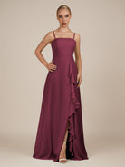 KissDress-Queniva Desert Rose Sheath Chiffon Spaghetti Straps Ruffles Long Bridesmaid Dress with Slit