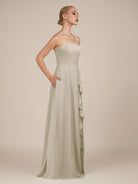 KissDress-Queniva Dove Gray Sheath Chiffon Spaghetti Straps Ruffles Long Bridesmaid Dress with Slit