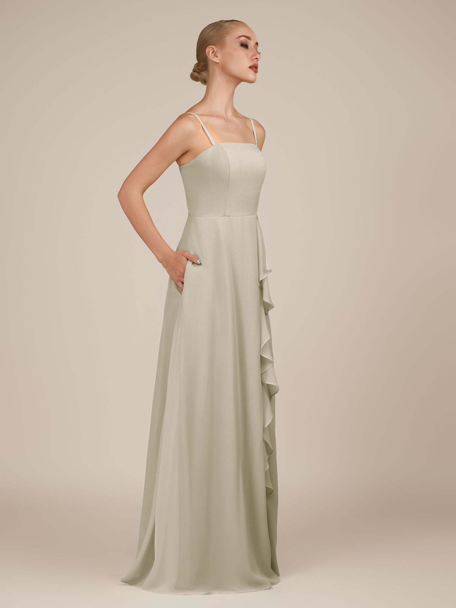 KissDress-Queniva Dove Gray Sheath Chiffon Spaghetti Straps Ruffles Long Bridesmaid Dress with Slit