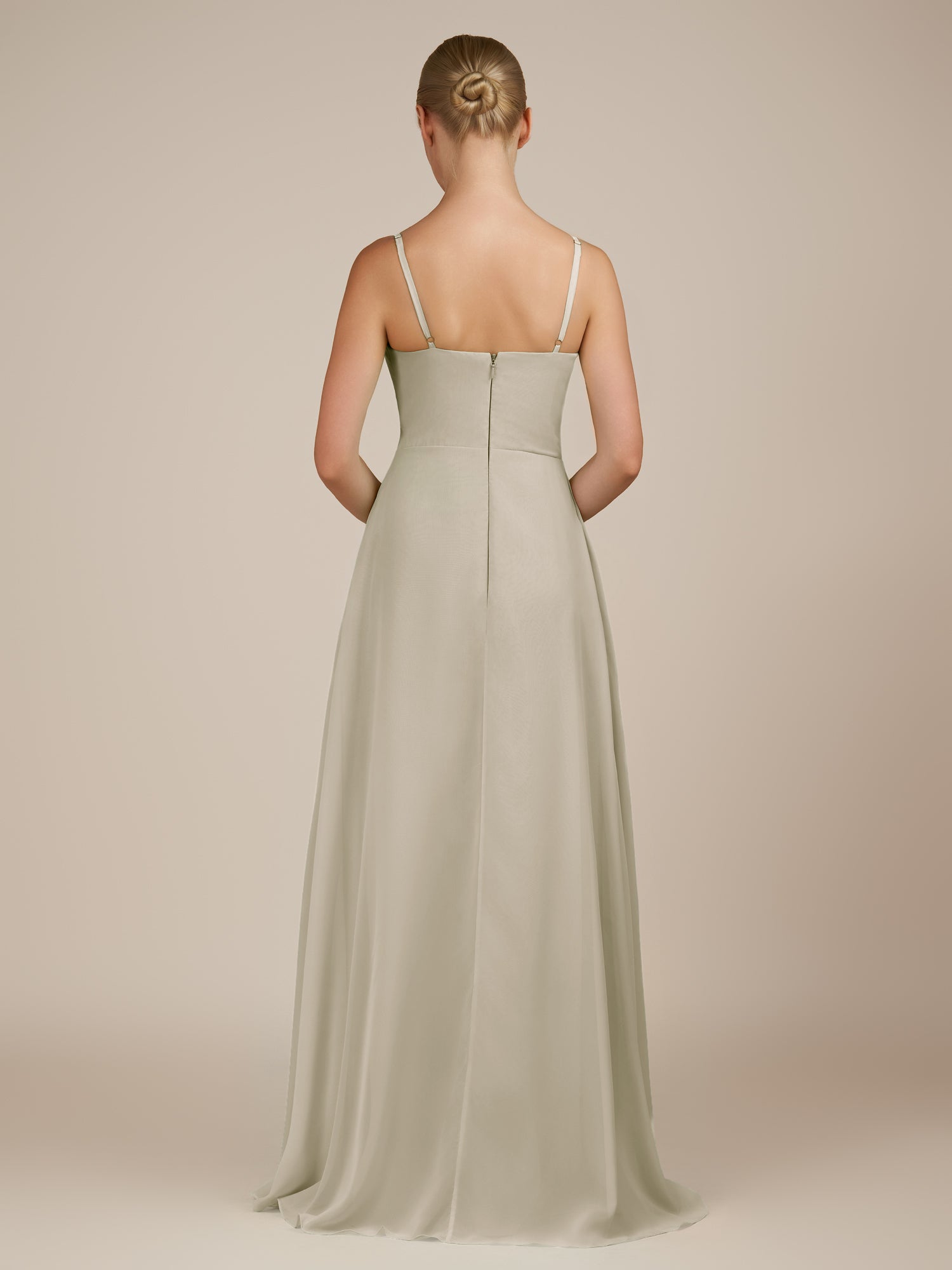 KissDress-Queniva Dove Gray Sheath Chiffon Spaghetti Straps Ruffles Long Bridesmaid Dress with Slit