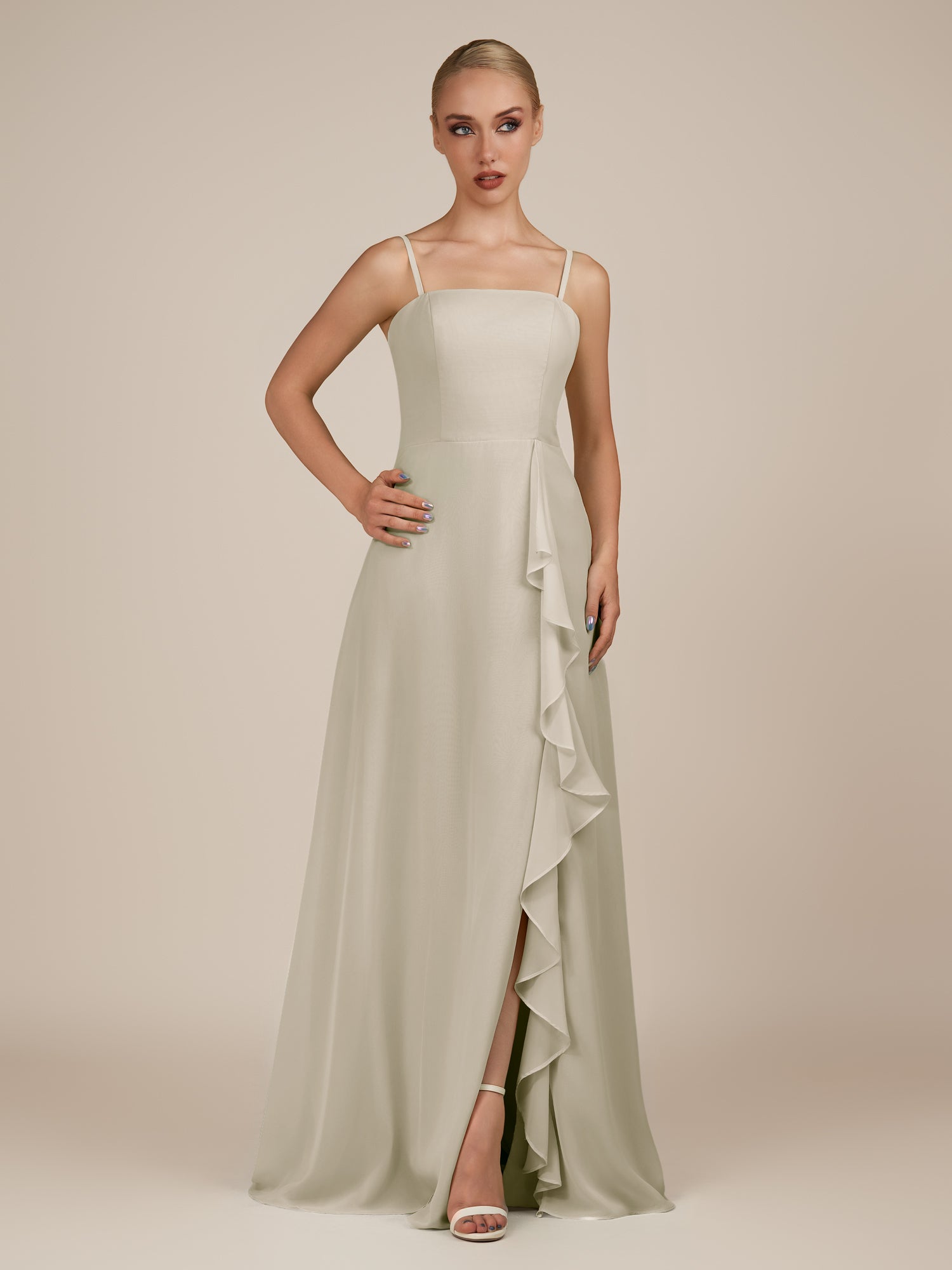 KissDress-Queniva Dove Gray Sheath Chiffon Spaghetti Straps Ruffles Long Bridesmaid Dress with Slit