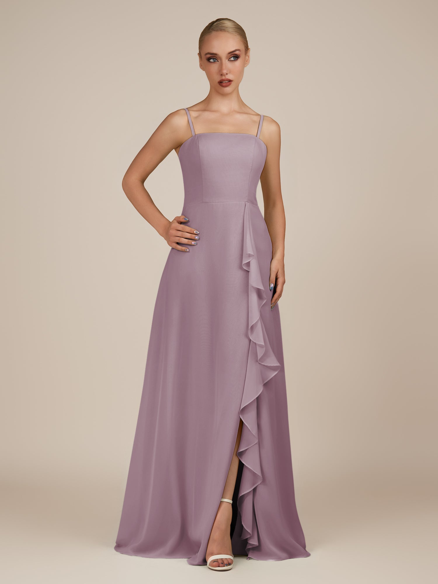 KissDress-Queniva Dusk Sheath Chiffon Spaghetti Straps Ruffles Long Bridesmaid Dress with Slit