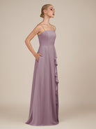 KissDress-Queniva Dusk Sheath Chiffon Spaghetti Straps Ruffles Long Bridesmaid Dress with Slit