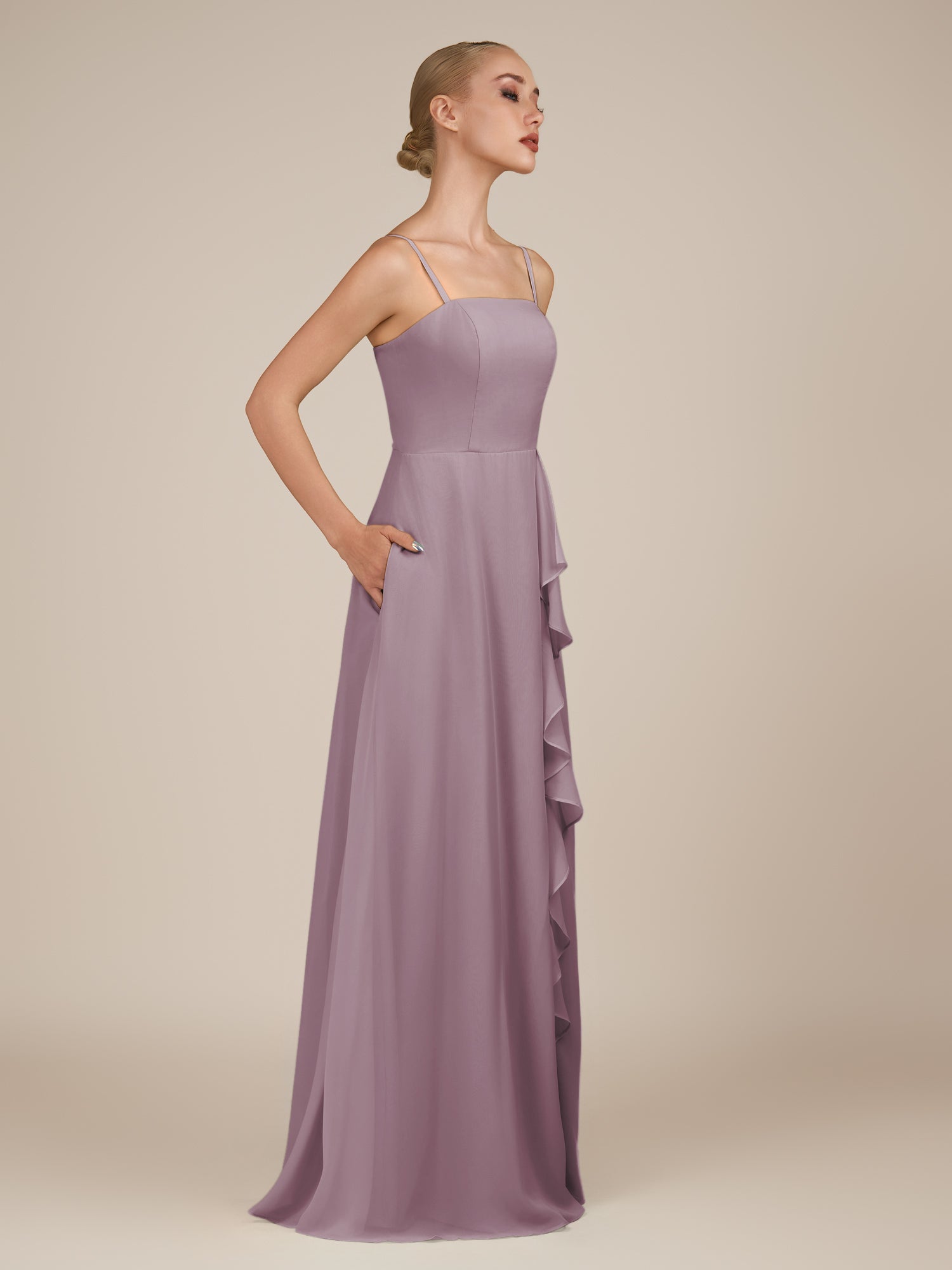 KissDress-Queniva Dusk Sheath Chiffon Spaghetti Straps Ruffles Long Bridesmaid Dress with Slit