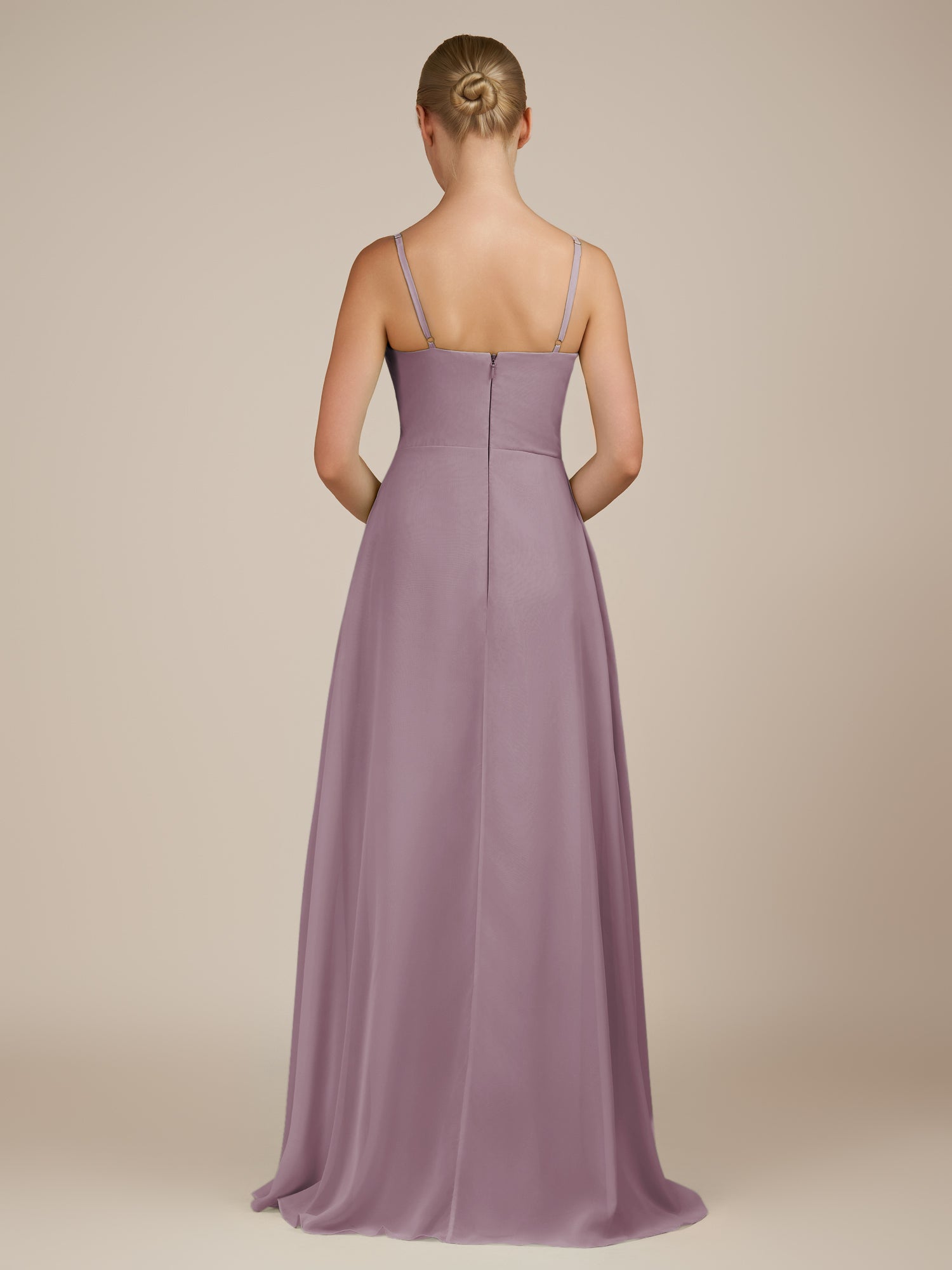 KissDress-Queniva Dusk Sheath Chiffon Spaghetti Straps Ruffles Long Bridesmaid Dress with Slit